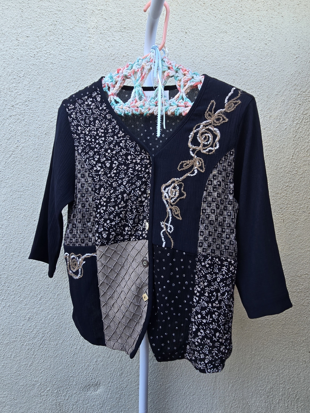 Koret Black Patchwork Cardigan with Gold Floral Embroidery